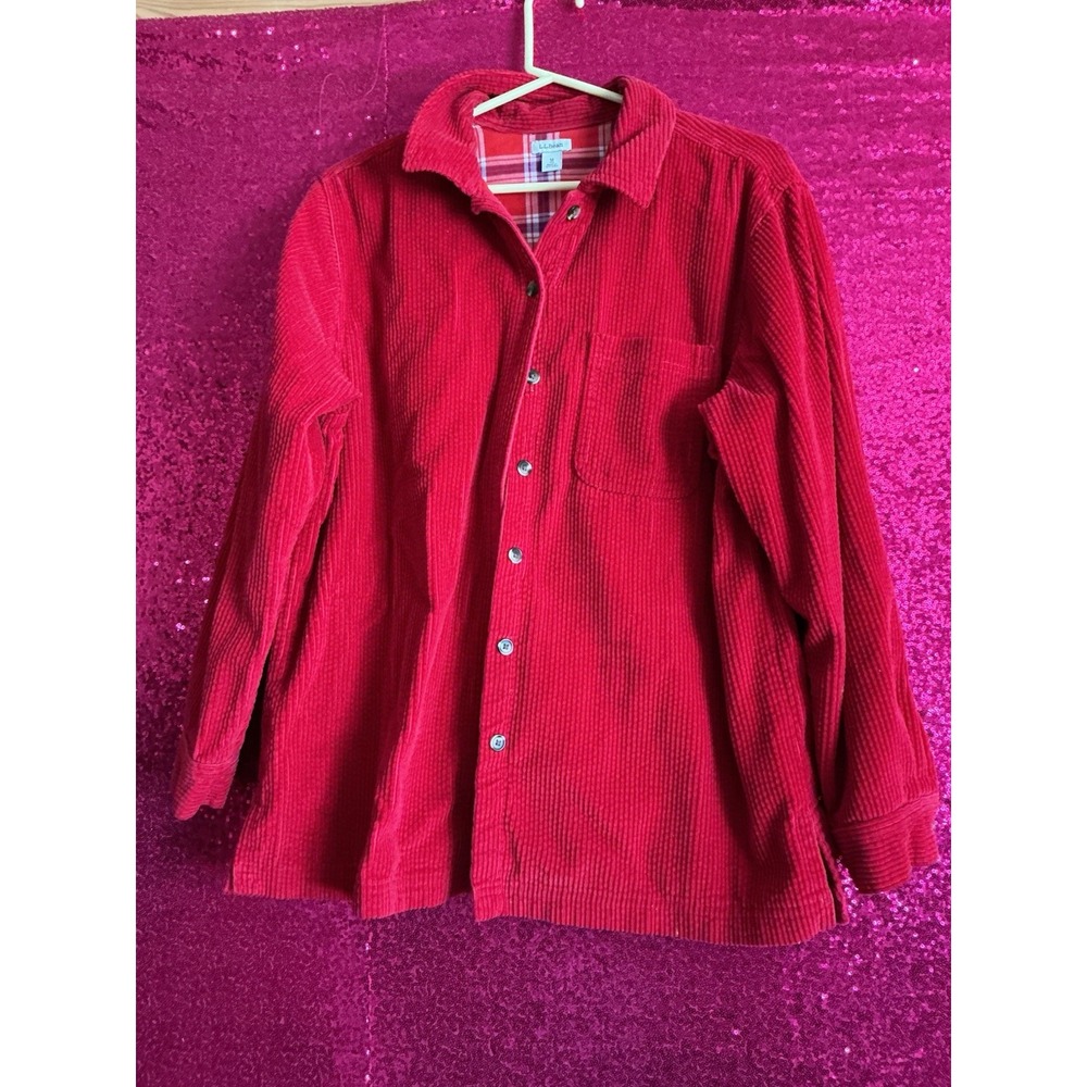 LL Bean Shacket Shirt Red Corduroy Flannel Lined Outdoors Chores Size Medium